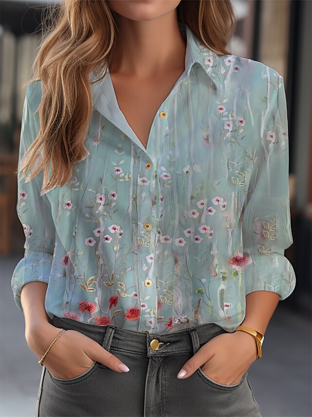 Women's Shirt Blouse Floral Button Print Casual Holiday Elegant Fashion ...