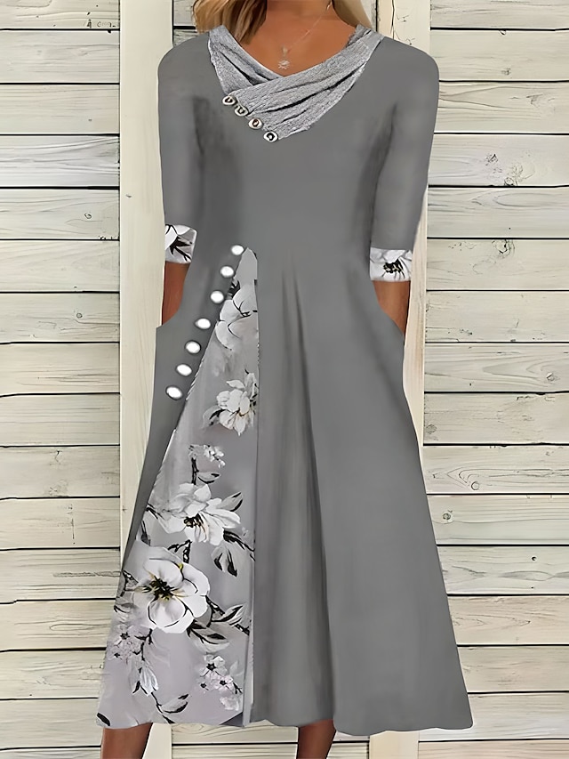  Women‘s Swing Dress Midi Dress Green Blue Gray Half Sleeve Floral Split Print Summer Spring V Neck Stylish Casual 2023 S M L XL XXL 3XL