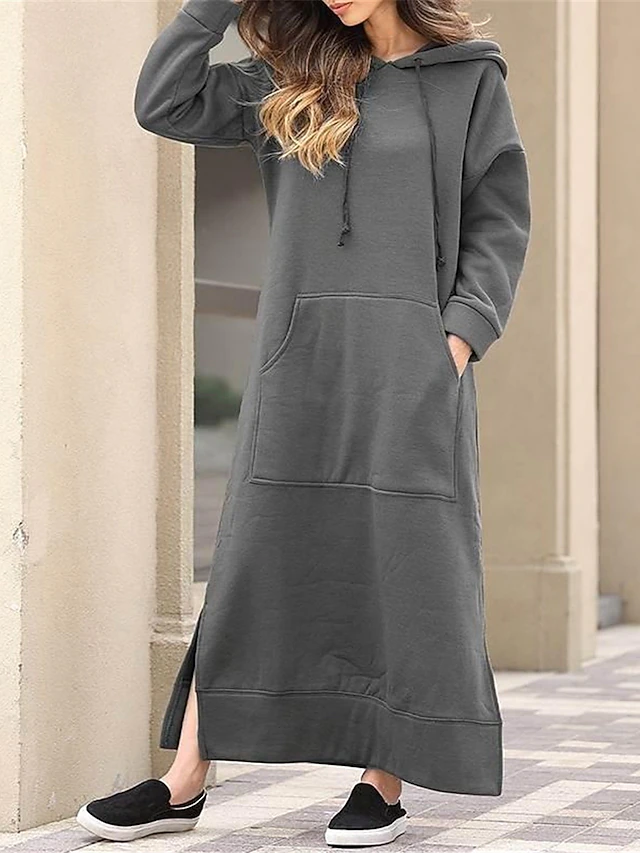 Women's Casual Dress Hoodie Dress Long Dress Maxi Dress Daily Basic Outdoor Vacation Going out V Neck Pocket Solid Color Regular Fit Black Burgundy Blue S M L XL XXL 17