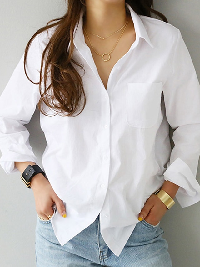 Camicia Blusa Per donna Bianco Tinta unica Pulsante Tasche Giornaliero Essenziale Colletto Standard M / M