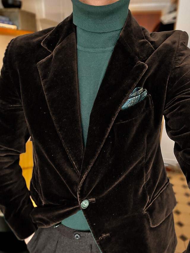  Мужской бархатный повседневный пиджак для вечеринок, обычный приталенный однотонный однобортный пиджак с двумя пуговицами, королевский синий, фиолетовый, коричневый, зеленый, 2024