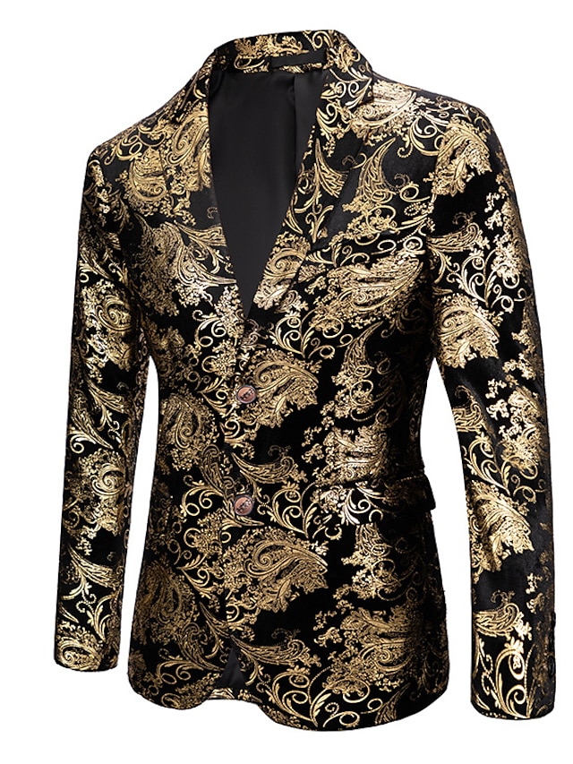  veste blazer de soirée en velours paisley scintillant pour hommes, coupe ajustée régulière, motif floral, simple boutonnage, deux boutons, noir, or, rouge, argent, bleu royal, violet, fuchsia, vert,