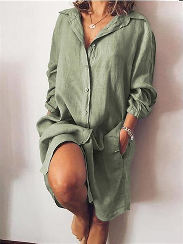  Mulheres Camisa Social Blusa Tops longos de algodão Tecido Casual Diário Botão Bolsos Preto Manga Longa Básico Colarinho de Camisa Primavera & Outono