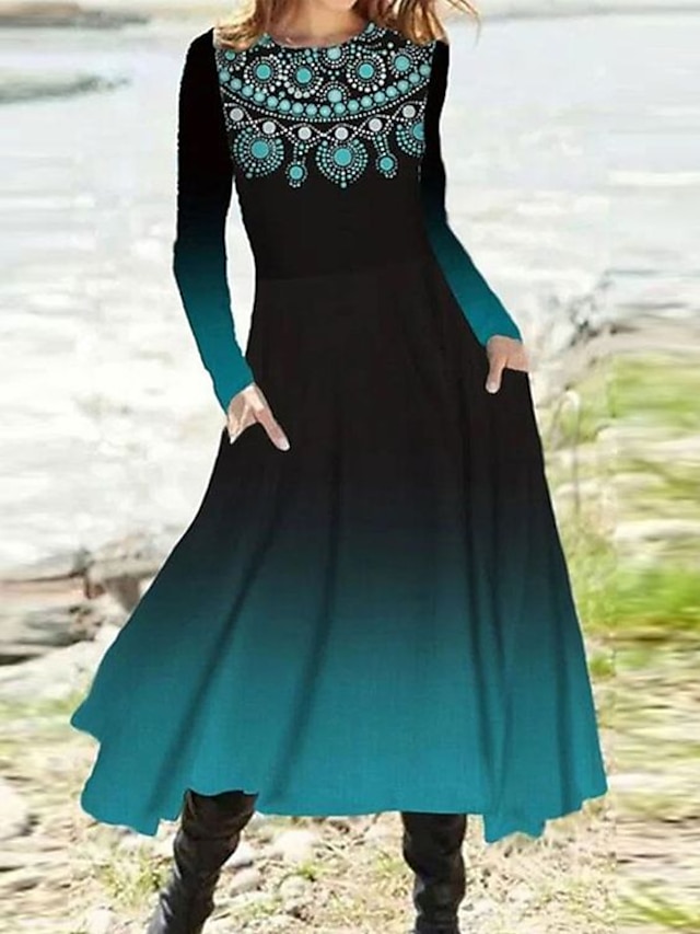  Abito midi da donna abito a linea abito casual abito invernale abito a sbuffo moda streetwear maturo formale all'aperto vacanza vestibilità regolare floreale manica lunga collo giro blu navy blu blu