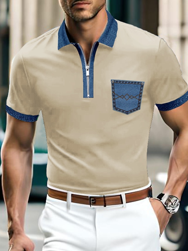  Men's Zip Polo Polo Shirt Casual Holiday Lapel Quarter Zip Short Sleeve Fashion Basic Plain Quarter Zip Summer Regular Fit Black White Blue Brown Gray Zip Polo