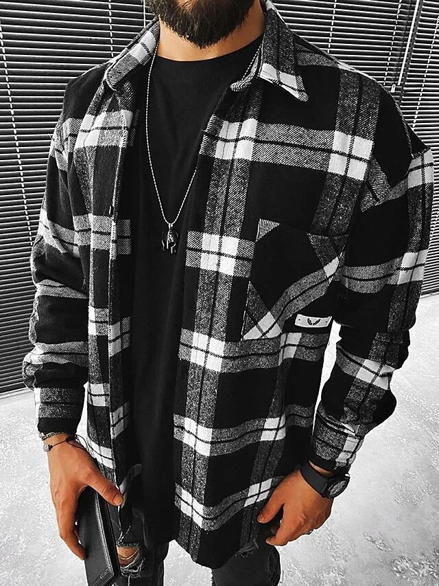 Men's Shirt Flannel Shirt Plaid Shirt Button Up Shirt Overshirt Shacket Plaid / Check Outdoor Daily Wear Black Long Sleeve Lapel Spring &  Fall Clothing Apparel Pocket3