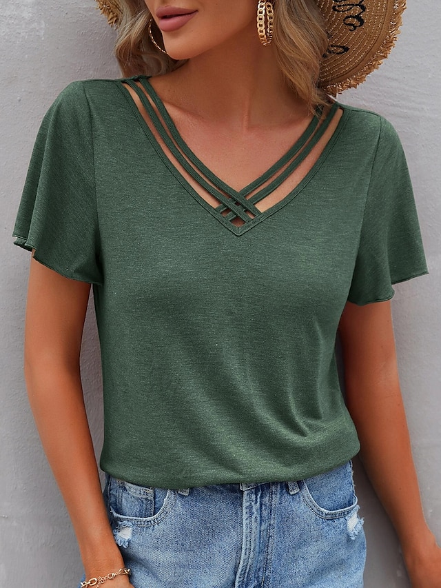 Women's T Shirt Burgundy Tee Dressy Tops Plain Basic Short Sleeve V Neck Regular Tops Daily Weekend Cut Out Black Wine Navy Blue Sky Blue Purple Summer Spring Fall 19