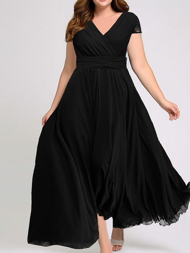  Women's Plus Size Prom Dress Party Dress Ruched V Neck Short Sleeve Vacation Black White Summer Spring