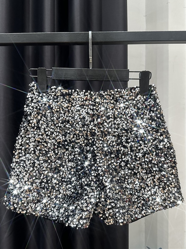  Women's Shorts Hot Pants Solid Color Sequins Short Micro-elastic Mid Waist Sparkle Party Street Silver Black S M Fall Winter