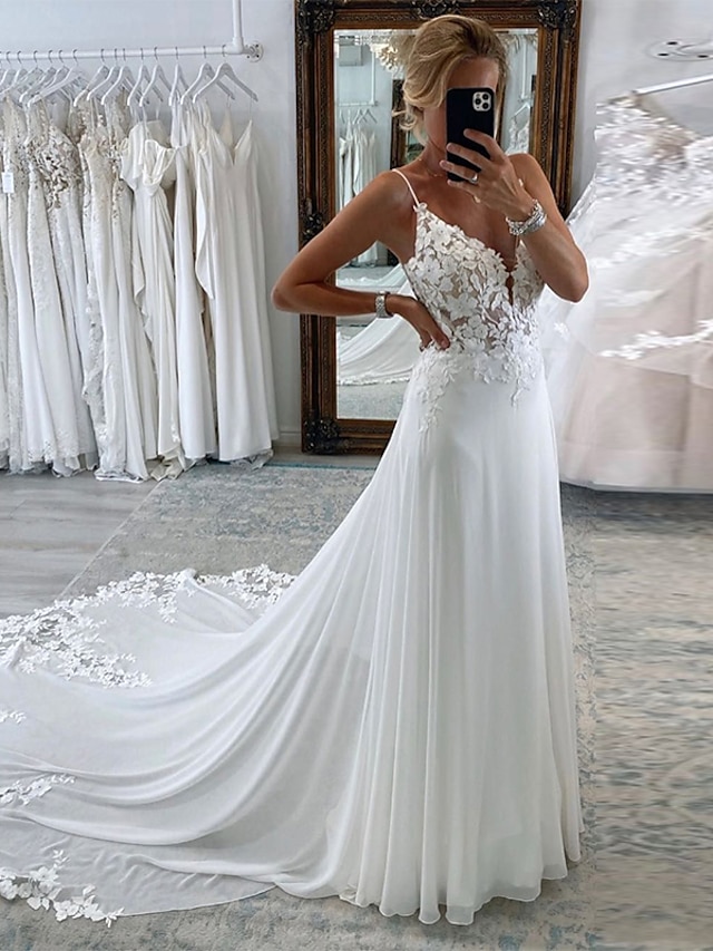  Reception Formal Wedding Dresses A-Line Camisole Sleeveless Court Train Chiffon Bridal Suits Bridal Gowns With Appliques 2024
