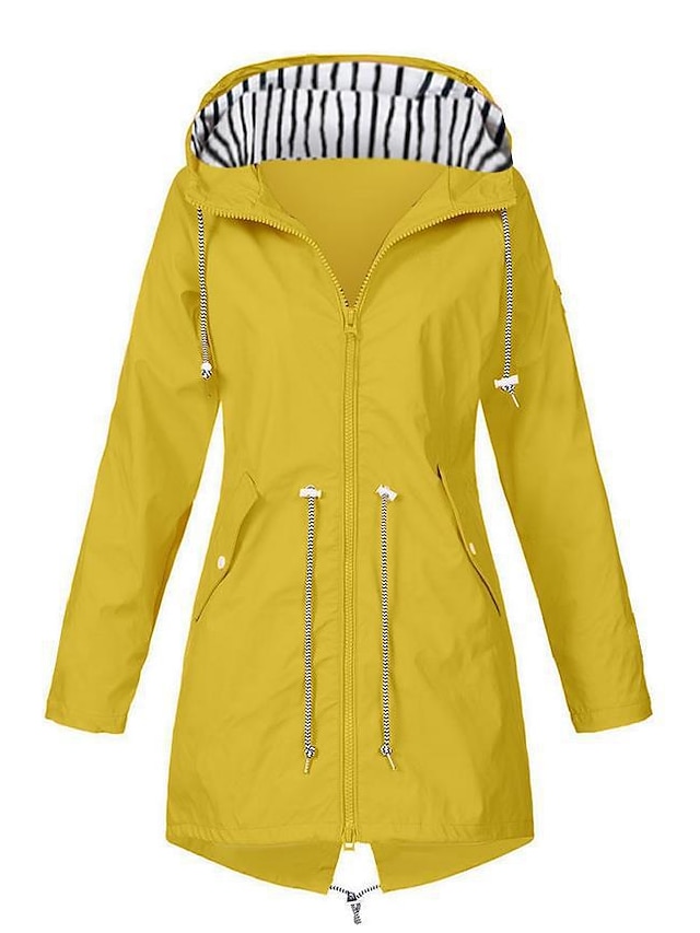  Women's Raincoat Waterproof Hooded Trench Coat Lined Windbreaker Outdoor Hiking Jacket Drawstring Plain Fashion Outerwear Long Sleeve Fall Navy S