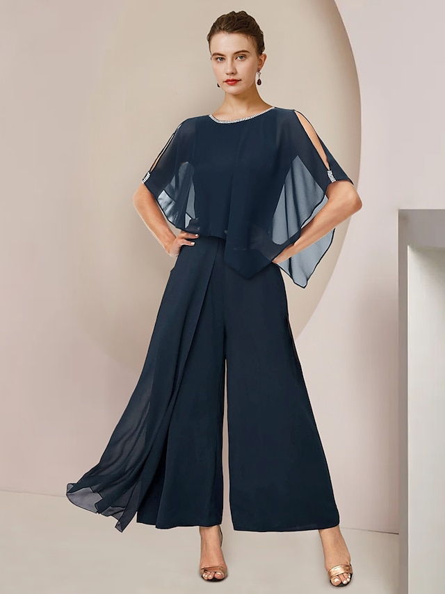  Jumpsuits Mother of the Bride Dress Formal Wedding Guest Elegant Party Scoop Neck Ankle Length Chiffon Sleeveless with Beading 2024