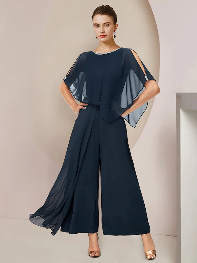 Jumpsuits Mother of the Bride Formal Wedding Guest Elegant Party Scoop Neck Ankle Length Chiffon Sleeveless with Beading 12