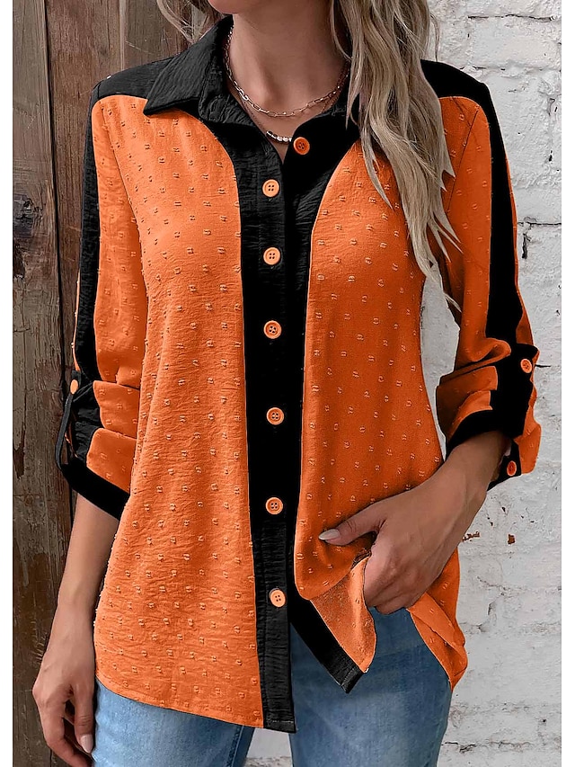  Dames Overhemd Blouse halloween-overhemd Oranje Kleurenblok nappi Lange mouw Casual Basic Neon en helder Overhemdkraag Normale pasvorm Lente & Herfst
