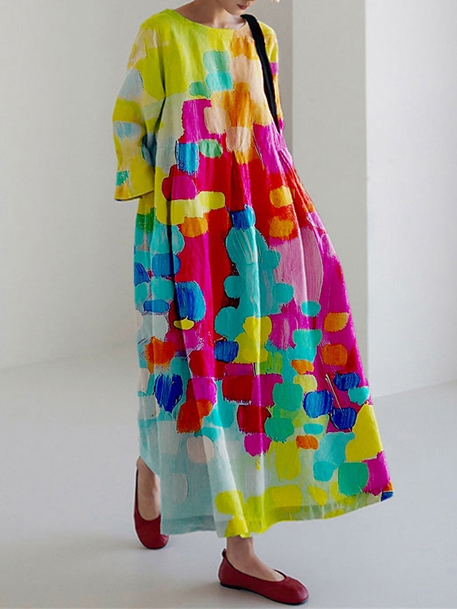  Γυναικεία Φλοράλ Στάμπα Στρογγυλή Ψηλή Λαιμόκοψη Μακρύ Φόρεμα Μάξι Φόρεμα Καθημερινά Διακοπές Κοντομάνικο Φθινόπωρο Χειμώνας