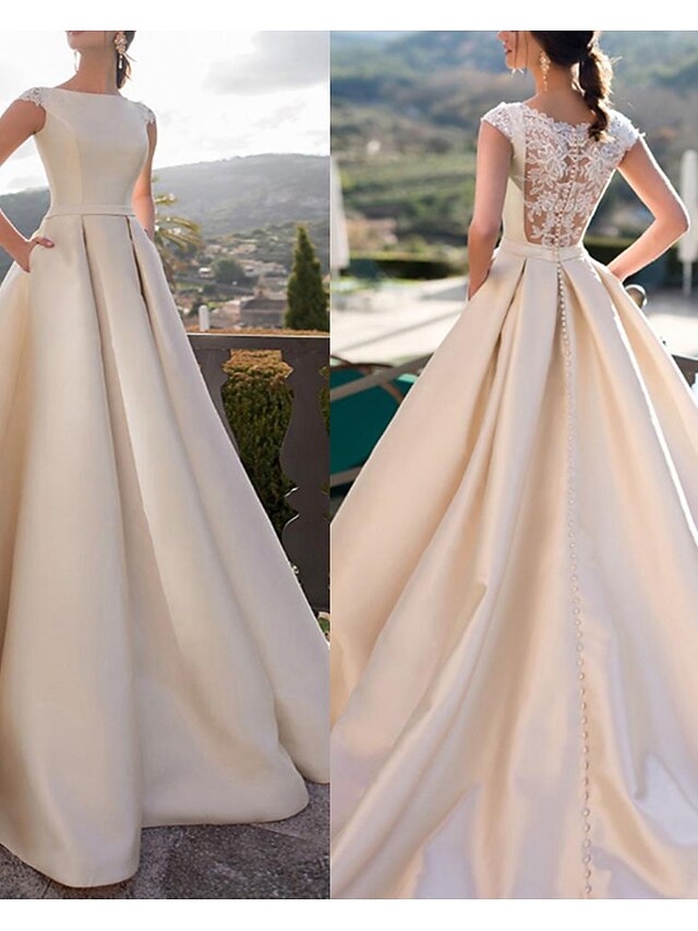 Reception Open Back Casual Wedding Dresses A-Line Halter Sleeveless Court Train Satin Bridal Gowns With Solid