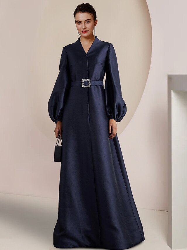 A-Line Satin Floor-Length Deep V-Neck Mother of the Bride & Groom Dresses with Belt main image 1