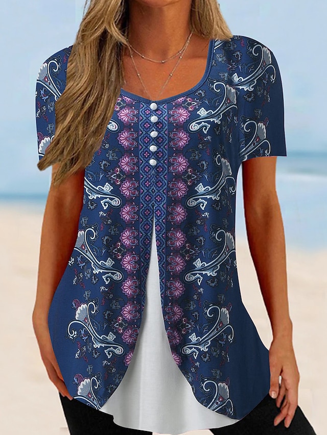  Dame T-shirt Blomstret Basale Kortærmet Rund hals Almindelige toppe Ferie Weekend Knapper Trykt mønster Lyserød Navyblå Blå
