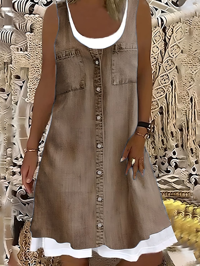  vestido feminino midi vestido cinza sem mangas floral falso duas peças verão primavera gola redonda moderno 2023 5xl