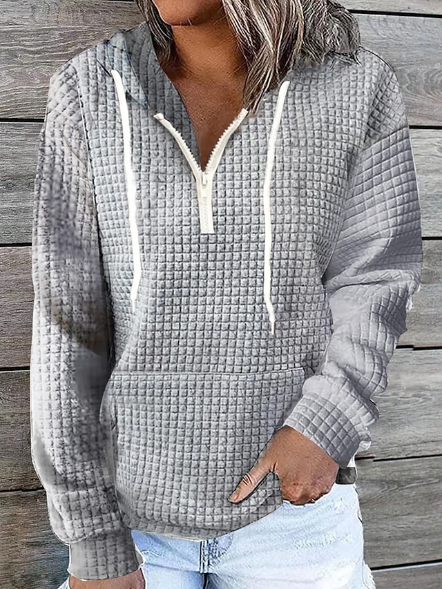 Women's Solid Color Basic Long Sleeve Hoodie Half Zip Regular Tops Street Casual Front Pocket Quarter Zip Black White Pink Khaki Dark Blue Fall & Winter 7