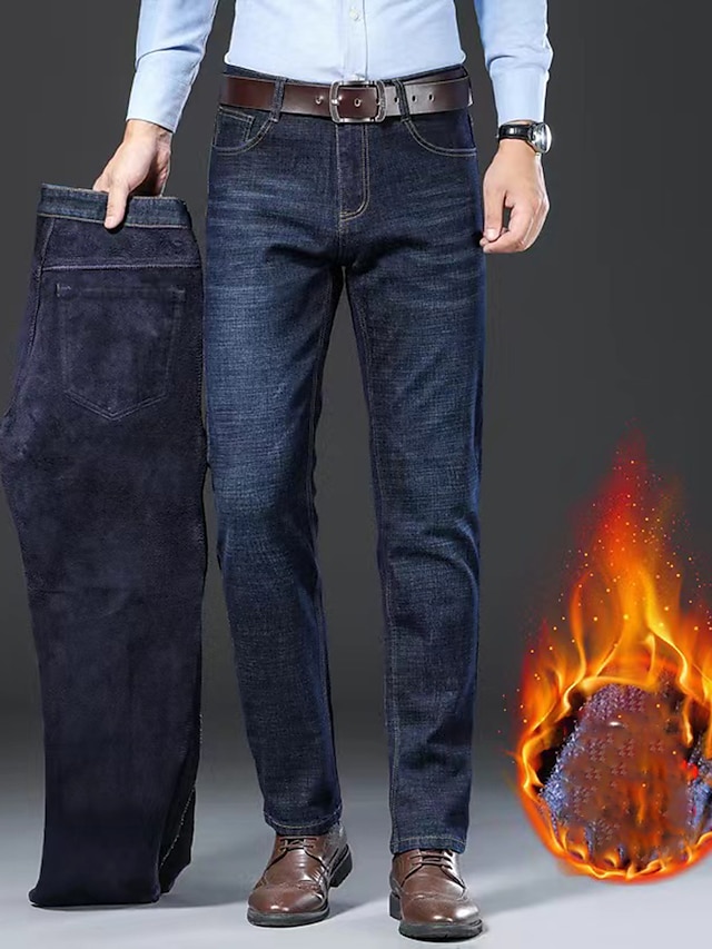  Homens Jeans Calças de lã Calças de inverno Calças Calças jeans Bolsos Tecido Conforto Respirável Ao ar livre Diário Para Noite Moda Casual Preto Azul empoeirado