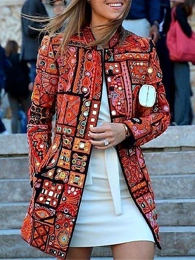  Jaqueta casual feminina roupas ao ar livre bolso floral confortável estampado solto ajuste outerwear manga longa outono vermelho casual moda rua