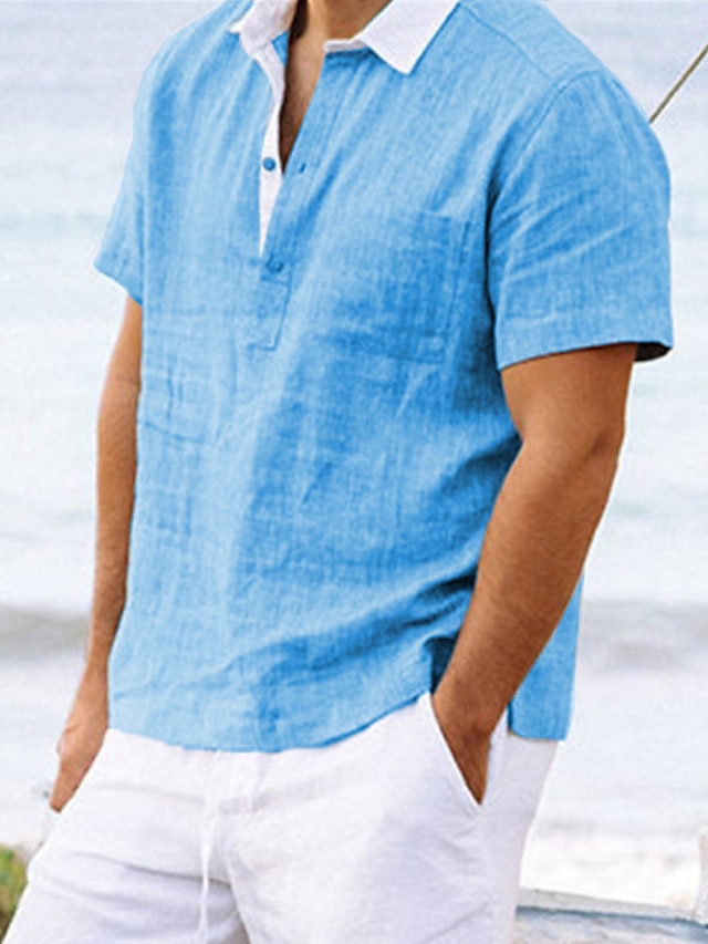  男性用 リネンシャツ コットンリネンシャツ カジュアルシャツ サマーシャツ ビーチシャツ ブルー 半袖 純色 折襟 春 & 秋 アウトドア ストリート 衣類