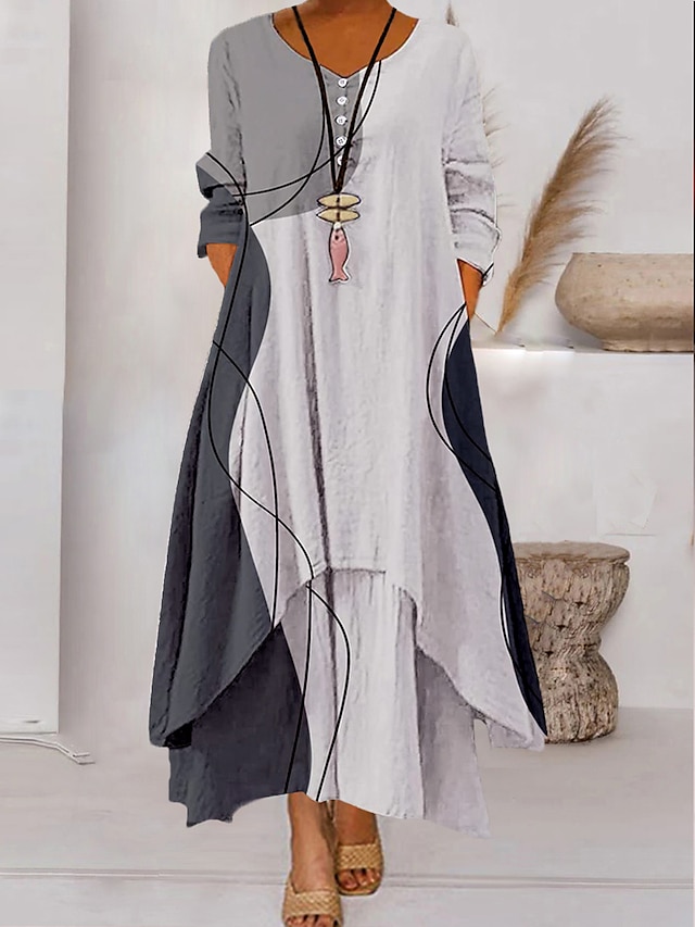  Women's Color Block Long Maxi Dress Button Layered Casual Dress Swing Dress Print Dress Fashion Modern Daily Vacation Weekend 3/4 Length Sleeve Crew Neck Dress Loose Fit Silver Black White