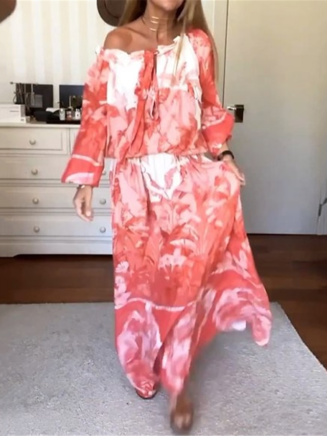  Női Virágos Fűzős Nyomtatott Aszimmetrikus Hosszú ruha Maxi ruha Napi Vakáció Hosszú ujj Nyár Tavasz