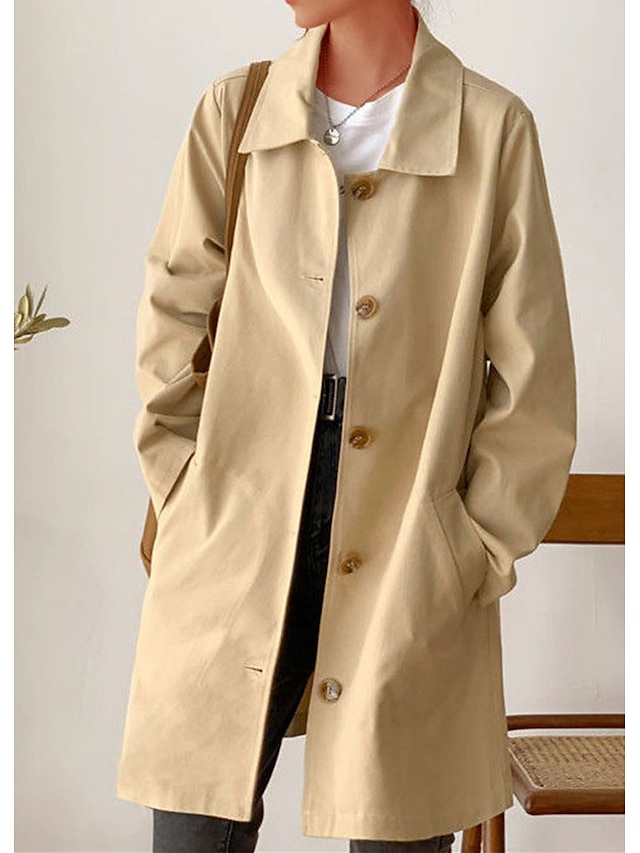  Women's Trench Coat Single Breasted Lapel Overcoat Fall Windproof Warm Jacket Streetwear Outerwear Long Sleeve Winter Jacket Black M