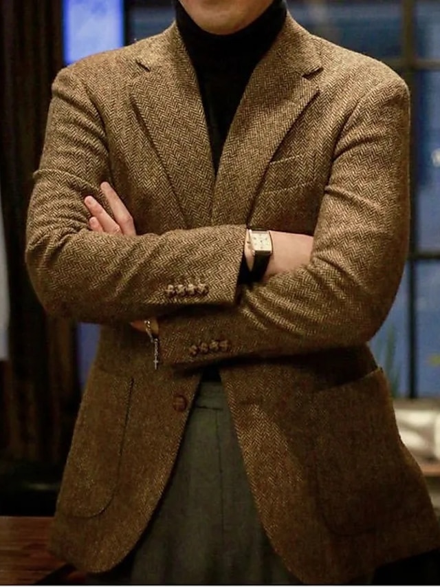  herre høst/vinter tweed blazer tykk varm jakke vanlig plus size ensfarget enkeltspent to-knapper brun 2024