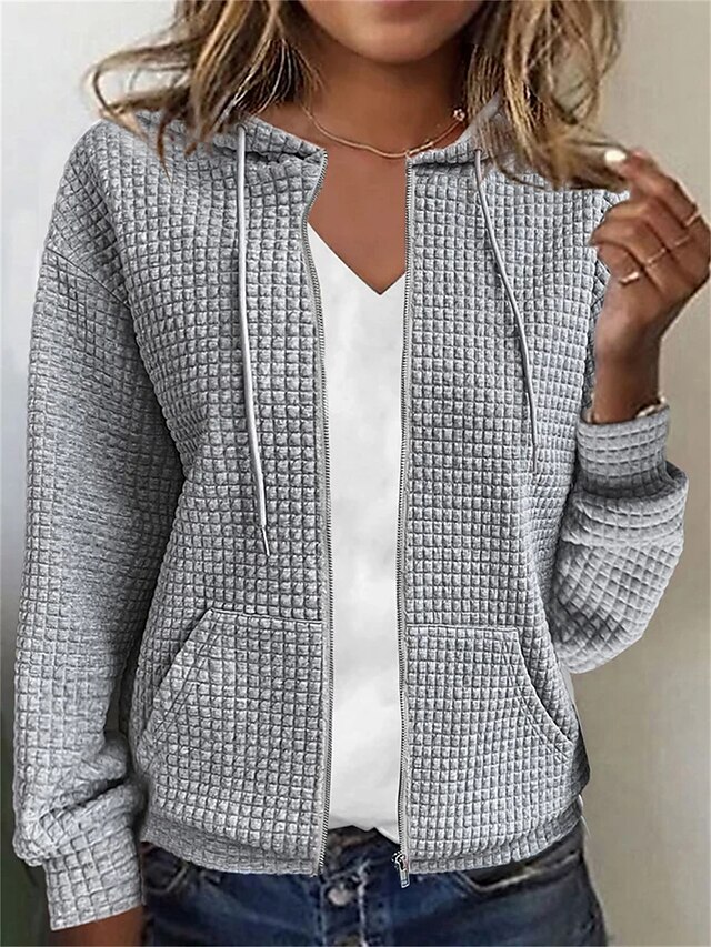 Women's Hoodie Sweatshirt Textured Solid Color Basic Zip Up Front ...