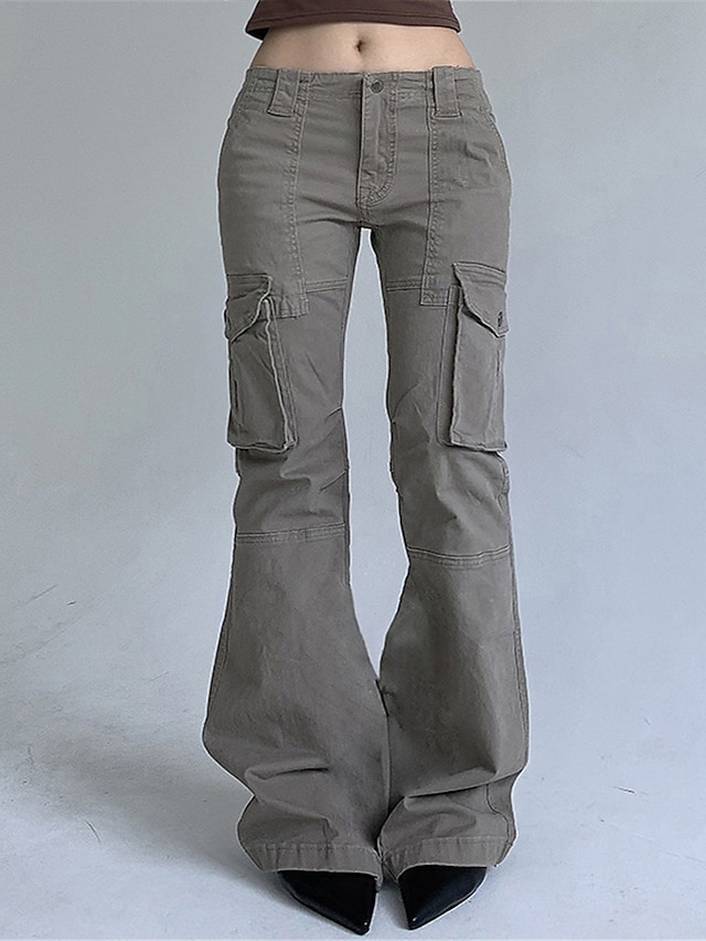  Women's Cargo Pants Flared Pants Chinos Full Length Cotton Micro-elastic Mid Waist Fashion Streetwear Street Daily Ash S M Fall Winter