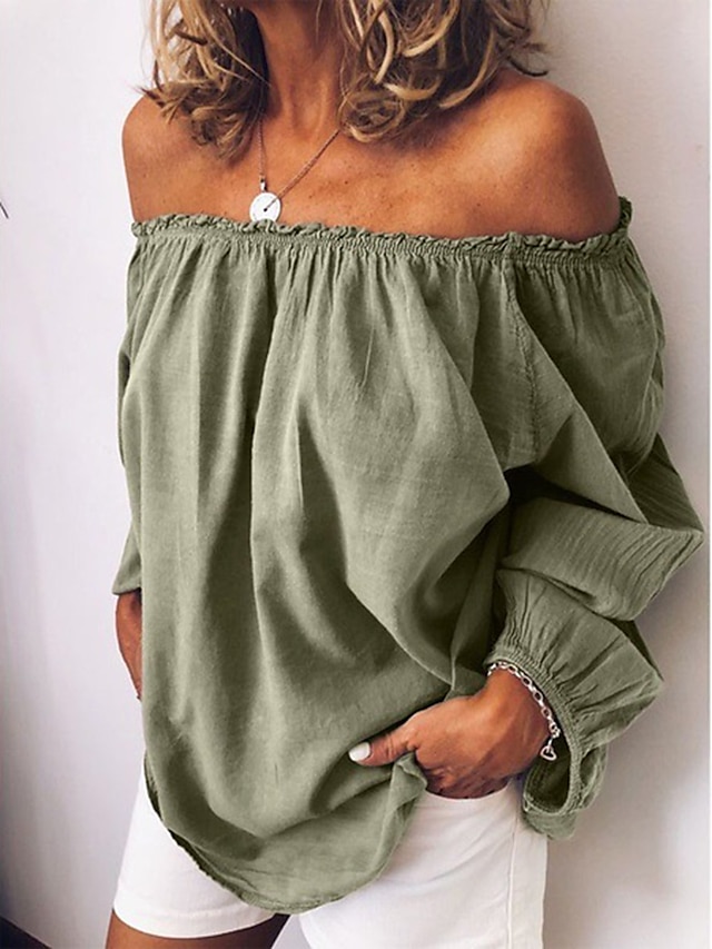  Dames Overhemd Blouse Lange katoenen topjes Katoenen linnen overhemden Effen Dagelijks Basic Lange mouw Schouderafhangend Normale tops Casual Geel Leger Groen Rood blauw Paars Herfst winter