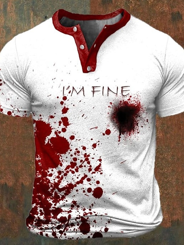  I'M Fine Mens Graphic Shirt Color Block Prints Fashion Basic Casual 3D Henley Tee Vintage Outdoor Daily Going Black Blue Red & White Cotton