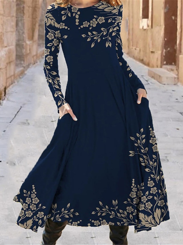  Frauen Midikleid A-Linien Kleid Lässiges Kleid Winterkleid Swing Kleid Mode Streetwear Reif Formal Outdoor Urlaub Regulär Passform Blumen Lange Ärmel Rundhalsausschnitt Schwarz Marineblau Königsblau