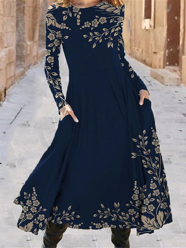 Women's Midi Dress A Line Dress Casual Dress Winter Dress Swing Dress Fashion Streetwear Mature Formal Outdoor Vacation Regular Fit Floral Long Sleeve Crew Neck Black Navy Blue Royal Blue Blue Spring 10