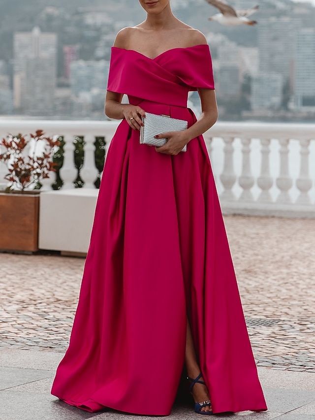  A-Line Evening Gown Party Dress Celebrity Style Dress Formal Wedding Court Train Sleeveless Off Shoulder Bridesmaid Dress Satin with Ruched Slit 2024