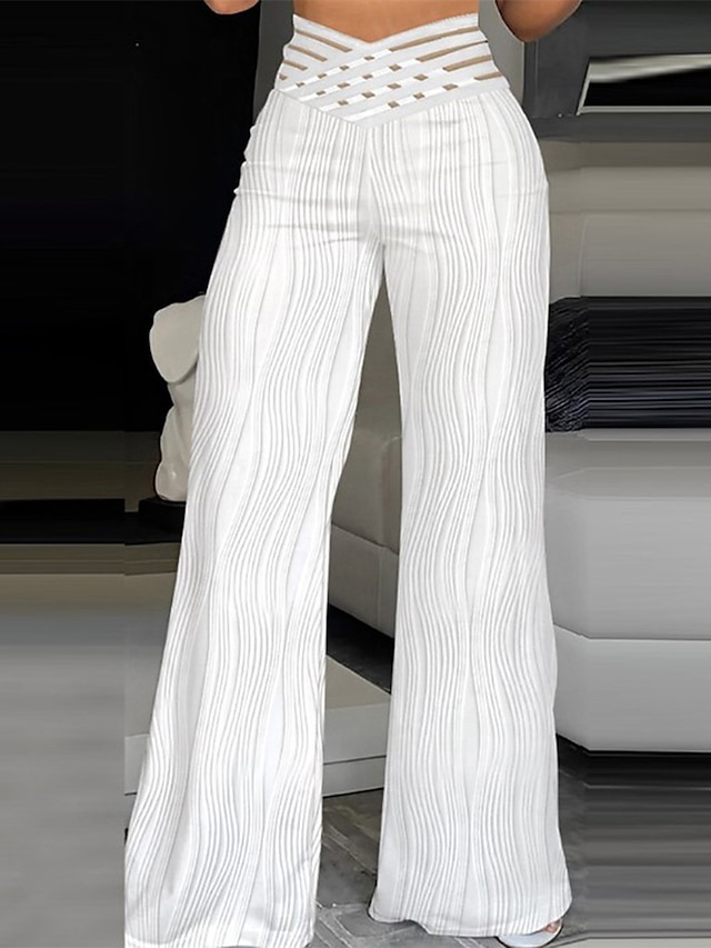  femme pantalon large pantalon pleine longueur coupe haute trou micro-élastique taille haute mode streetwear fête rue noir blanc s m été automne