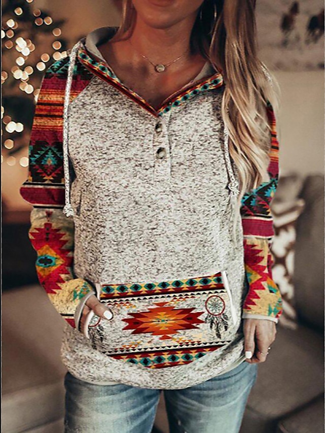  Women's Hoodie Sweatshirt Pullover Graphic Geometric Vintage Street Casual Button Drawstring Front Pocket Red Blue Green Vintage Sports Ethnic Hoodie Long Sleeve Top Micro-elastic Fall & Winter
