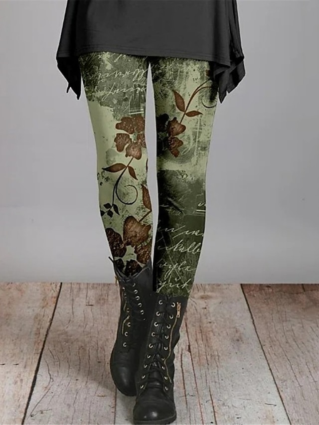 Women's Floral Pattern Leggings Full Length Print Micro-elastic High ...
