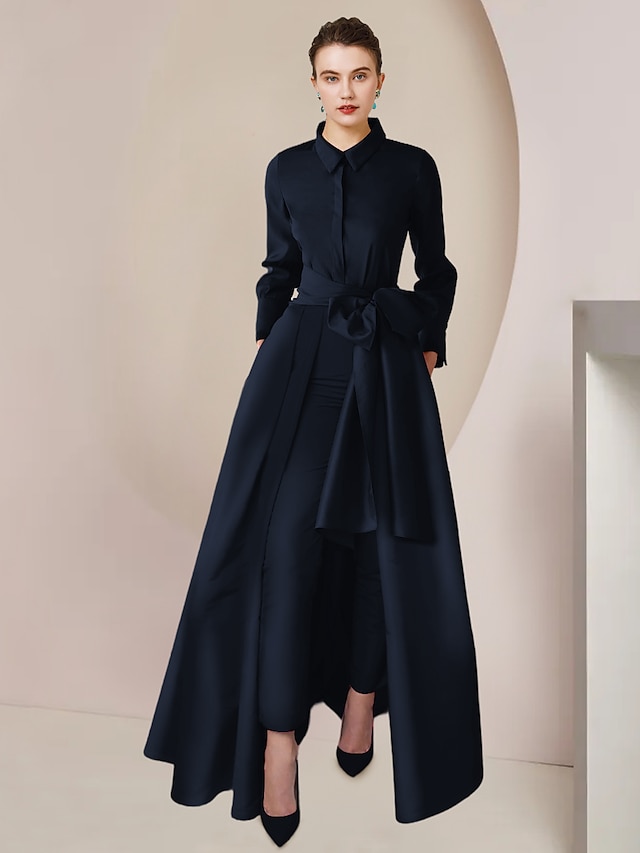  Two Piece Jumpsuits Mother of the Bride Dress Formal Wedding Guest Elegant Party Shirt Collar Floor Length Taffeta Long Sleeve with Bow(s) Solid Color 2024