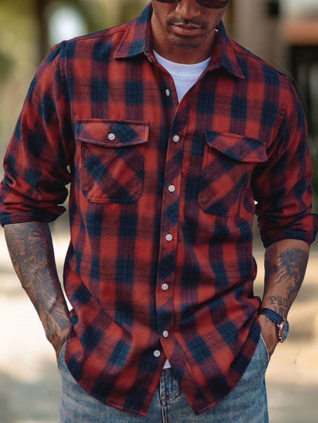  Men's Shirt Button Up Shirt Flannel Shirt Plaid Shirt Overshirt White Wine Red Long Sleeve Plaid / Check Lapel Spring &  Fall Outdoor Daily Wear Clothing Apparel Front Pocket
