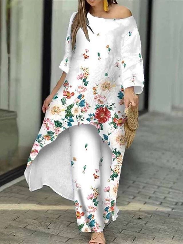  Women's Shirt Pants Sets Floral Butterfly Print Casual Holiday Elegant Fashion Streetwear Long Sleeve Round Neck White Fall & Winter