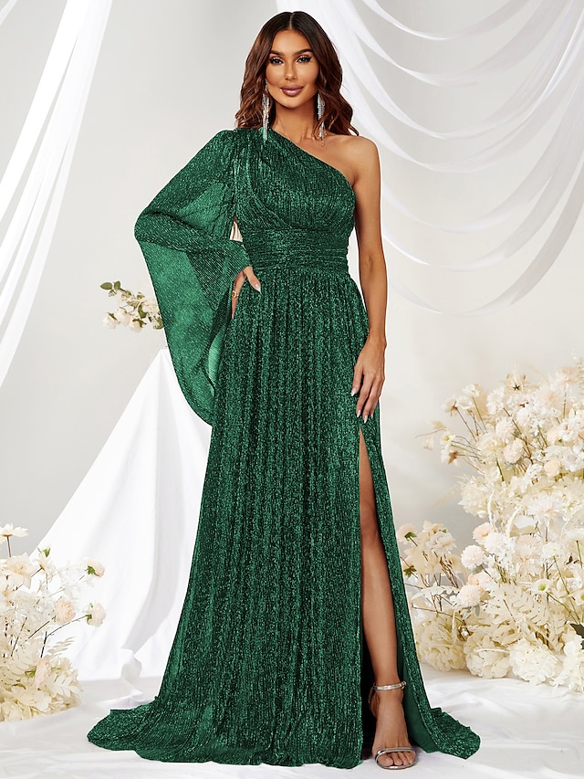  A-Line Wedding Guest Dresses Sparkle Formal Green Dress Formal Evening Party Sweep / Brush Train Long Sleeve One Shoulder Polyester with Glitter Slit 2024