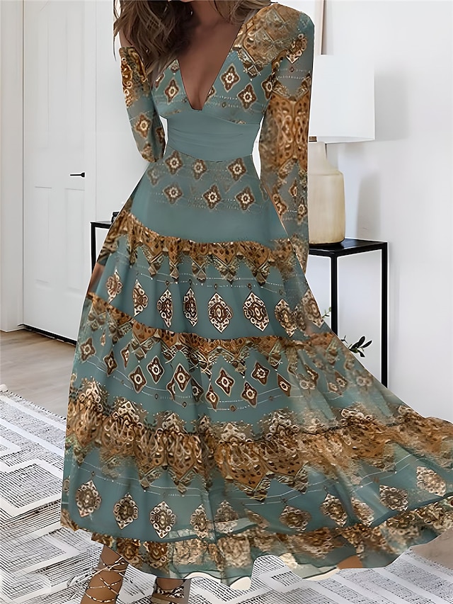  Damen A Linie Kleid Farbblock Bedruckt V Ausschnitt kleid lang Vintage Ethnisch Verabredung Langarm Herbst