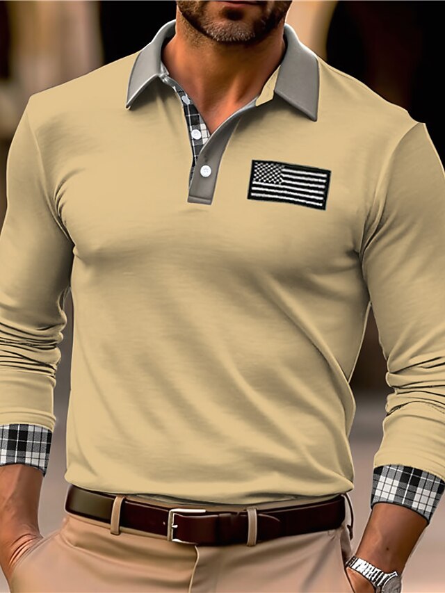  Men's Button Up Polos Polo Shirt Casual Sports Lapel Long Sleeve Fashion Basic Color Block National Flag Embroidered Button Spring &  Fall Regular Fit Black White Army Green Khaki Button Up Polos