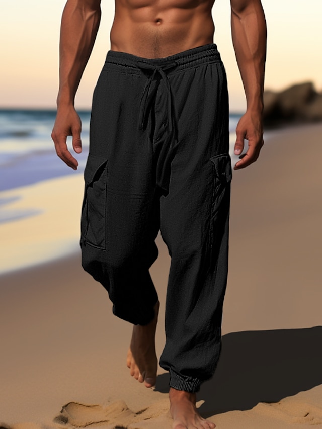  Herren Cargohose Cargohosen Jogginghose Jogger Leinenhose Hose Hosen Sommerhosen Kordelzug Elastische Taille Multi Pocket Glatt Komfort Atmungsaktiv Casual Täglich Festtage Modisch Klassicher Stil