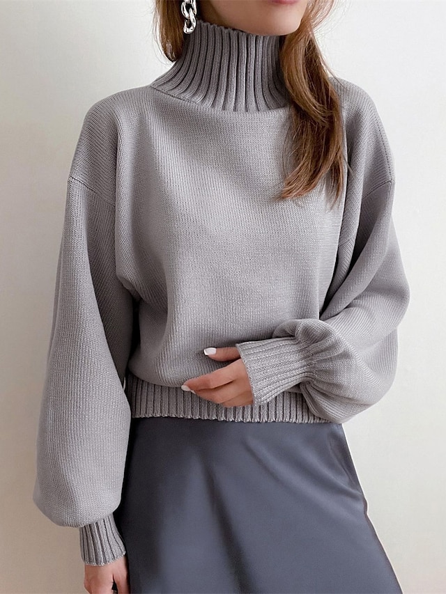  Women's Pullover Sweater Jumper Turtleneck Stand Collar Ribbed Knit Cotton Oversized Summer Fall Outdoor Daily Going out Stylish Casual Soft Long Sleeve Solid Color Black White Wine S M L