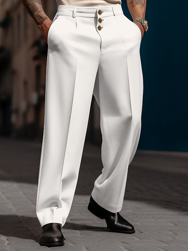  Homens Social Calças Calça casual Calças de Terno Bolso frontal Perna reta Tecido Conforto Respirável Casual Diário Feriado Moda Básico Preto Branco
